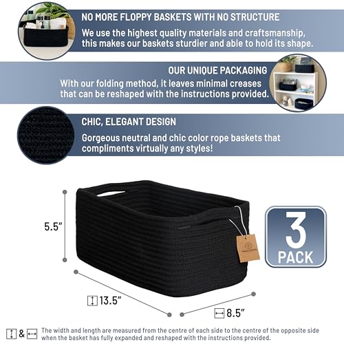 NaturalCozy 13.5”x8.5”x5.5” Rectangle Storage Baskets for Shelves 3 Pack | Cotton Rope Woven Small Baskets for Organizing | Small Storage Bins for Nursery, Bathroom, Closet, Shelf, Decorative - color: Black, size: 13.5" x 8.5" x 5.5"