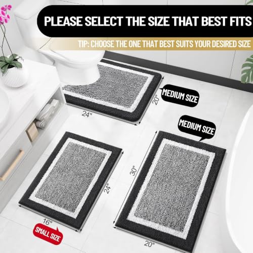 OLANLY Bathroom Rugs Sets 3 Piece, Soft Absorbent Microfiber Bath Mats and U-Shaped Contour Toilet Rug, Non-Slip, Home Decor Accessories, Bath Mat Set for Bathroom (30"x20"+24"x16"+24"x20", Black) - color: Black, size: 30" X 20" + 24" X 16" + U Shape 24"