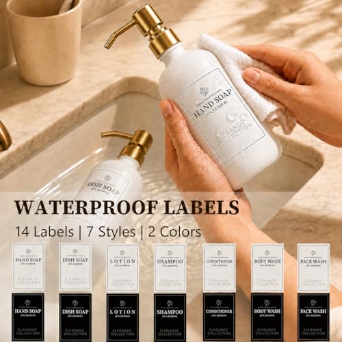 Fachixy White Glass Soap Dispenser (2 Pack), 16 Fl Oz Hand & Dish Soap Dispenser Bottles Set with Leak-Resistant Stainless Steel Pump, Non-Slip Pad, 14 Waterproof Labels for Kitchen and Bathroom - color: White