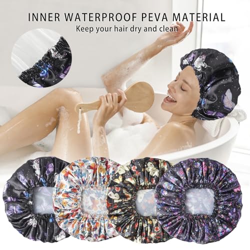 Shower Cap for Women,4 PCS Elastic and Reusable Bath Caps, Double Layers Shower Caps Reusable Waterproof, Bathing Shower Caps, Environmental Bath Hair Protection Cap - Butterfly B - color: Butterfly B