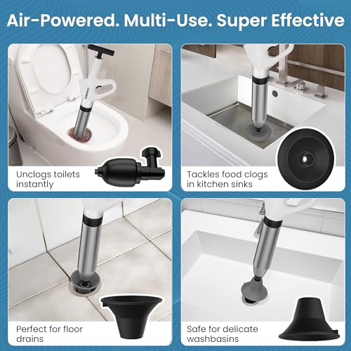 High-Pressure Toilet Plunger with Pressure Gauge, Manual Air Drain Blaster with 4 Attachments, 2 Hair Clog Removers and Reusable Gloves, Unclogs Toilet Shower Bathroom Drains
