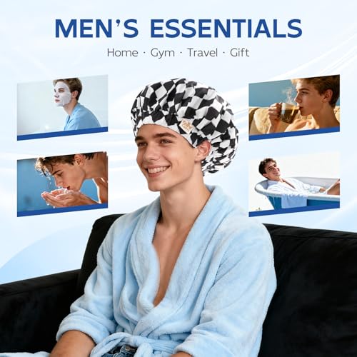 Years calm Shower Cap for Men Waterproof Reusable - Fashion Dual-Layer Design, Adjustable Elastic Band for Long & Curly Hair, XL Bath & Spa Cap for Travel, Satin Lined Shower Cap Black - color: French Black and White