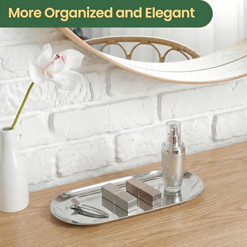 2PACK Silver Decorative Tray, Bathroom Vanity Tray for Dresser Counter, Stainless Steel Jewelry Dish Tray for Decor, Perfume Ring Key Candle Organizer Tray, Oval - color: Silver