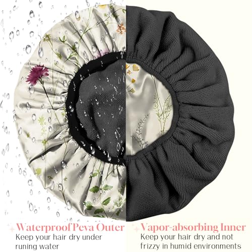 Luxury Shower Cap Terry Cloth Lined EVA Waterproof Reusable Triple Layer Elastic Hair Bath Caps for Women Girls Cute (C17-Floral) - color: C17-Floral