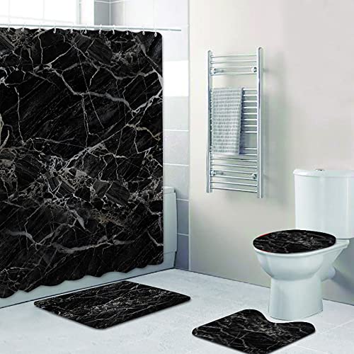 NEWSUYAA 4Pcs Black Marble Bathroom Shower Curtain Set with Rugs Accessories,Modern Luxury Bathroom Decor with Non-Slip Bath Mats, Toilet Seat Cover,Abstract Marble Shower Curtains + Hooks - color: Black