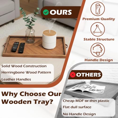 Extra Large Ottoman Tray Rectangle, 32.5"x18.5" Wooden Ottoman Trays with Leather Handles, Rustic Decorative Storage Tray for Ottoman - size: 32.5" x 18.5" x 1.5"