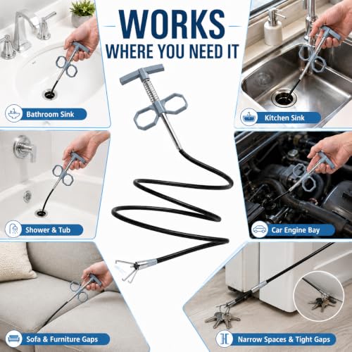 61 Inch Drain Snake Upgraded Ergonomic Grip – Toilet Snake Flexible Grabber Claw for Clog Remover & Pick Up Small Items - color: 63'' Bule Drain Snake