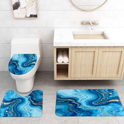 Marble Bathroom Sets with Rugs for Bathroom Decor, 72x72 Inches Gold Shower Curtain with Non-Slip Rugs and Accessories, Waterproof Machine Washable Bath (Curtain Set- Bule Gold Marble) - color: Curtain Set- Bule Gold Marble