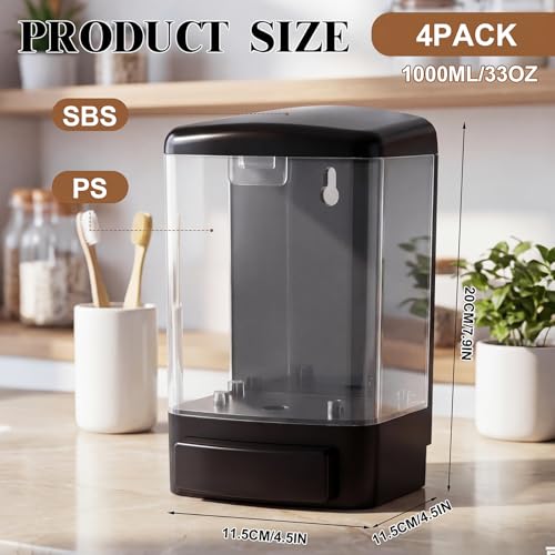 Hushee 4 Pcs Plastic Wall Mounted Soap Dispenser Commercial Manual Soap Containers Wall Dispenser for Kitchen Shower Hotel Liquid Shampoo Gel Chamber(33.8 oz 1000 ml,Clear) - color: Clear, size: 33.8 oz 1000 ml