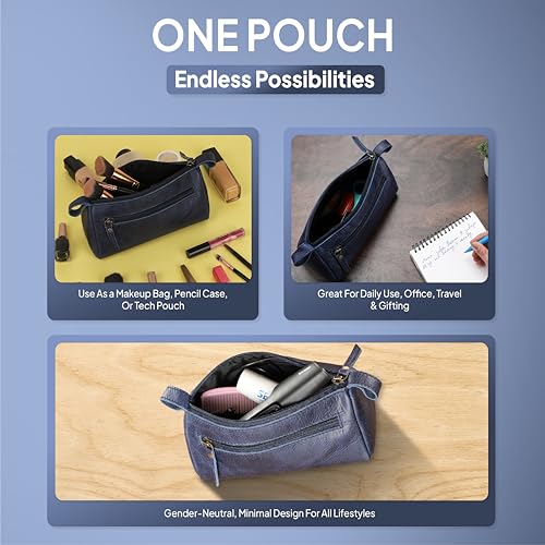 Leather Makeup Bag for Women – Genuine Leather Cosmetic Bag Travel, Handmade Zippered Makeup Pouch, Small Toiletry Bag, Shaving Kit & Stationery Organizer- Blue - color: Blue