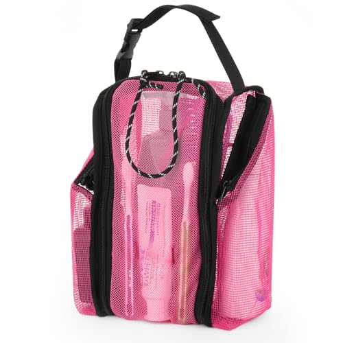Cosmos Mesh Shower Caddy Toiletry Organizer Hanging Shower Tote Bag, Quick Dry Shower Organizer Portable Bath Bag with Durable Zippers & Side Pockets for Travel Gym Swimming Beach & Camp (Hot Pink) - color: Hot Pink