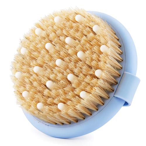 Dry Brushing Body Brush for Massage - Natural Boar Bristle Exfoliating Brush with Massage Nodes for Lymphatic Drainage, Cellulite, Blood Circulation Improving Skin Health for Women Men Elderly(Blue) - size: Round 4.3 in-Blue