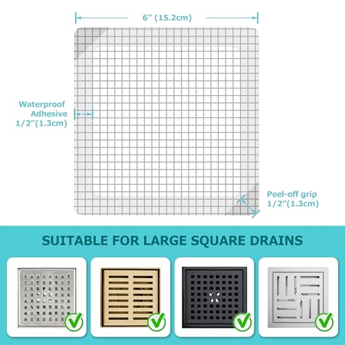 25 Pack Disposable Shower Drain Hair Catcher Mesh Stickers - Peel & Stick Drain Strainers to Prevent Clogs, Strong Waterproof Adhesive, Mess-Free Disposable Drain Covers for Shower, 6 inch, Square - size: 6" Square - 25
