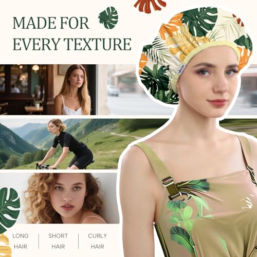 Years calm Shower Caps for Women Reusable Waterproof – Double Layer Elastic Cap with Tropical Botanical Print Shower Cap for Shower, Spa, Travel, Bath & Daily Hair Protection - color: Yellow
