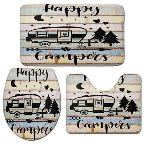 Camper RV Bath Mat Set, Happy Camper Accessories for Travel Trailers, Farmhouse Camping Bathroom Set With Rug and Toilet Lid Cover