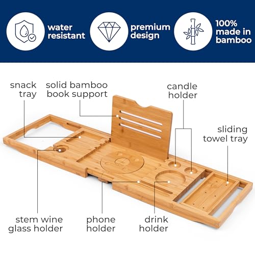 SereneLife Premium Bathtub Tray Caddy, Expandable Bath Tray, Unique House Warming Gifts, Gift for Mom, Women, New Home, Wedding, Anniversary, Bridal Shower, Universal Fit for All Tub - color: Natural, Folding, Gift Set