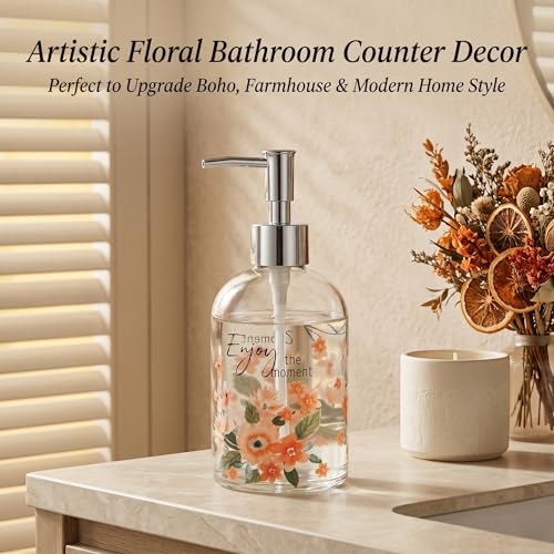 Topadorn 17oz Glass Soap Dispenser with Pump, Refillable Hand Soap Dispenser for Bathroom & Kitchen, Floral Design, Decorative Farmhouse Countertop Decor - color: Soft Pink