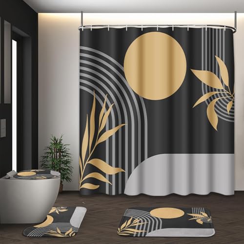 Boho Mid Century Shower Curtain Set with Toilet Lid Cover and Non-Slip Rugs, Abstract Geometric Grey Background 4 Pcs Modern Minimalist Shower Curtain for Bathroom Set with 12 Hooks - color: Boho Grey 2