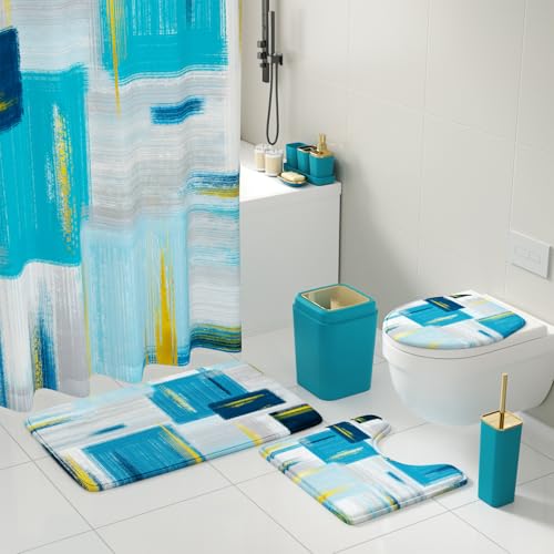 XLHOMO Bathroom Set - Teal Blue Bathroom Accessories Set, Bathroom Sets with Shower Curtain and Rugs, Teal Blue Shower Curtain Set with Bathroom Trash Can, Soap Dispenser, Soap Dish for Home Decor - color: Plaid Teal Blue & Gold, size: Complete Set + Bath
