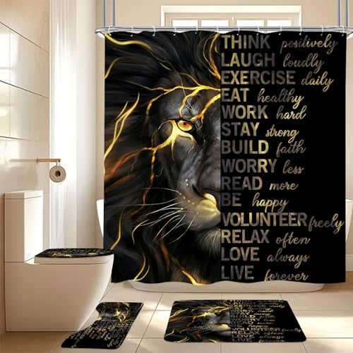 4 Pcs Black Gold Lion Shower Curtain Set with Rugs and Toilet Lid Cover, Inspirational Quotes Waterproof Fabric Bathroom Set, Black Lion Shower Curtain Bathroom Decor Set Accessories with 12 Hooks - color: Black Gold Lion