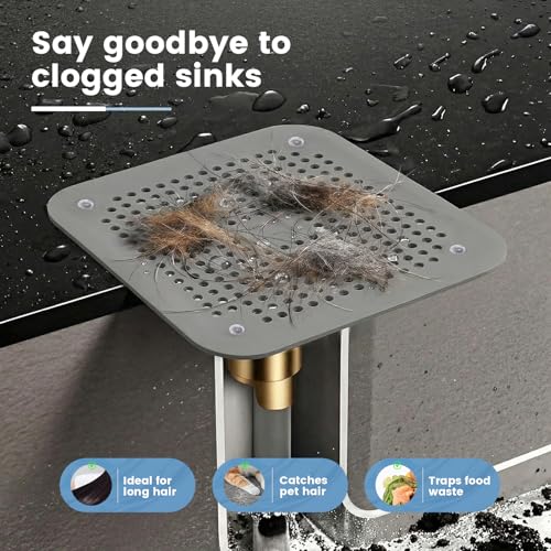 Silicone Drain Hair Catcher 2 Pack, Square Shower Drain Cover with Suction Cups, Hair Stopper for Bathroom Bathtub Sink and Kitchen, Easy to Install and Clean, Clog Preventing Strainer, No-Rust