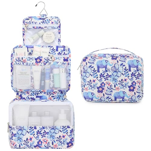 Mossio Hanging Toiletry Bag with Sturdy Hook - Large Portable Cosmetic Makeup Travel Organizer for Men & Women - color: Flower Elephant