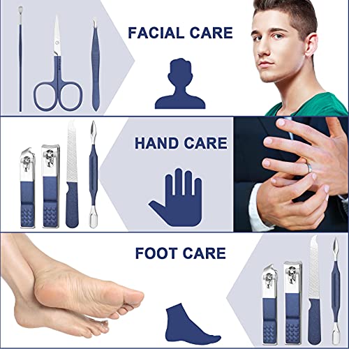Aceoce Travel Manicure Set Mens Grooming Kit Stainless Steel Nail Clippers Nail Care Tool with Luxurious Travel Case Manicure Pedicure Set Professional Personal Care Gift for Men Family Friends - color: Blue
