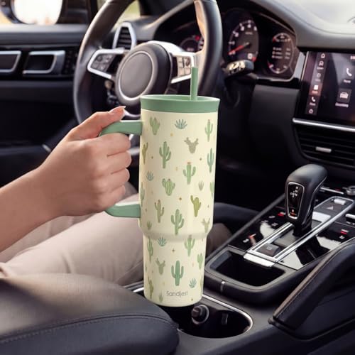 SANDJEST Cactus Stainless Steel Locking Lid Silicone Straw Tumbler with Handle 40oz, Insulated Stainless Steel Travel Cup for Women Girls Friends, Gift Idea for Birthday Christmas - color: Cactus
