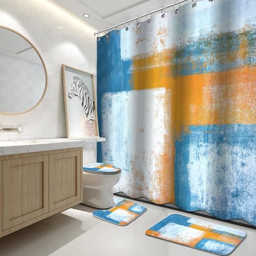 Lnond 4Pcs Bathroom Shower Curtain Sets with Rugs,Blue Orange Painting Art Bathroom Sets with Shower Curtain and Rugs and Accessories - color: Orange Blue White