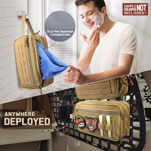RXW EDC Toiletry Bag for Men, Tactical Dopp Kit, Molle Pouches Compact Travel Organizer for Shaving Shower, Hygiene, Grooming (Includes Dry/Wet Compartment & US Flag Patch) - color: Khaki