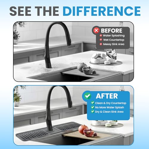 Faucet Mat for Kitchen Sink – 24 Inch Silicone Sink Splash Guard with 2 FREE Drain Cleaning Rods, Food-Grade Kitchen Faucet Mat, Self-Draining Countertop Protector for Kitchen & Bathroom