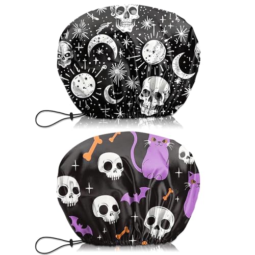 2 PCS Shower Cap Waterproof Double Layer Elastic Adjustable Reusable Hair Bath Caps for Girls Women Cute Aesthetic-Skull Cat - color: G6-Skull Cat