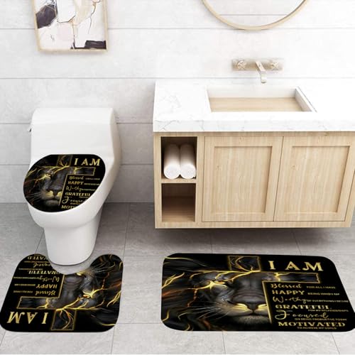 4 Pcs Gold Cross and Lion Shower Curtain Set with Rugs and Toilet Lid Cover, Black Gold Lion Shower Curtain Waterproof Bathroom Set, Inspirational Quotes Shower Curtain Bathroom Decor Set Accessories - color: Cross Lion