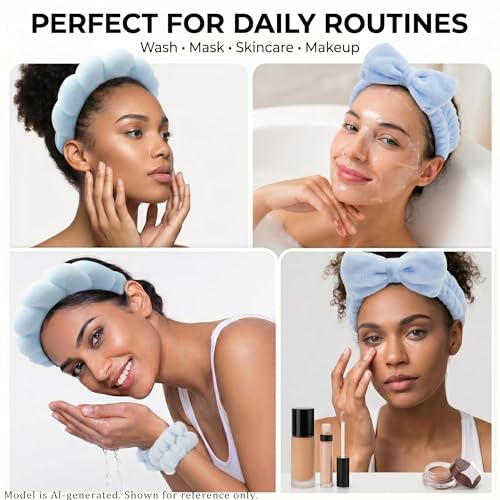 Headband for Washing Face and Wristband Set, Blue | Soft absorbent fabric, snug head-hugging fit for face washing, skincare, makeup, masks, travel, women and teen girls - color: Blue