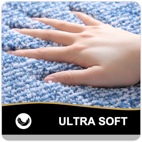OLANLY Toilet Rugs U-Shaped 24x20, Extra Soft and Absorbent Microfiber Bathroom Rugs, Non-Slip, Machine Wash Dry, Plush Shaggy Contour Bath Mats for Toilet Base, Blue - color: Blue and White, size: 24" X 20" Contour Rug