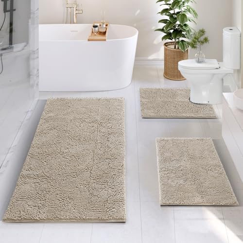 Hearth & Harbor Bathroom Rugs, Chenille Bath Mat - Machine Washable Bath Mats for Bathroom Non-Slip Backing Rubber, Quick Dry Mat - Beige Bath Rug, 17x24-26x44-20x24 - color: Beige, style: 17x24 / 26x44 / 20x24