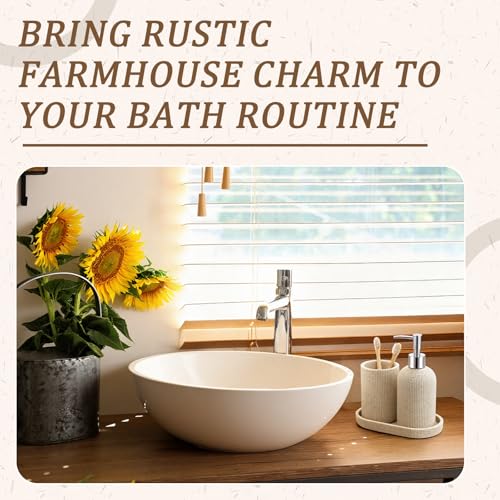 Beige 3 Pcs Toothbrush Holder, Soap Dispenser and Toothbrush Holder, Stripes Decorative Tray Set, Vanity Tray for Bathroom, Frosted Farmhouse Decor
