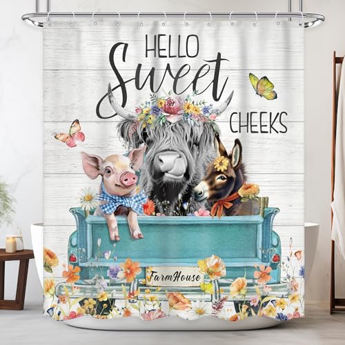 Newsely Highland Cow Farm Shower Curtains for the Bathroom, Cute Cow Chicken and Pig with Flowers on Truck Bathroom Set, Western Farmhouse Rustic Animals Funny Waterproof Bath Accessories 60Wx72H Inch - color: A-01cow, size: 60"W x 72"L (Pack of 1)