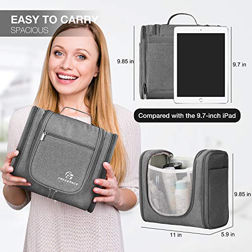 Freegrace Extra Large Hanging Toiletry Bag for Men and Women - Water-Resistant Nylon Travel Bathroom Organizer for Cosmetics, Makeup, and Toiletries - color: Light Grey