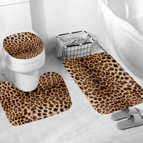 4 PCS Leopard Shower Curtain Cheetah Print Shower Curtain Sets Non Slip Bathroom Rugs Soft Plush Bath Mat Toilet Lid Cover Animal Print Shower Curtain with 12 Hooks for Bathroom Tub, Brown - color: Brown