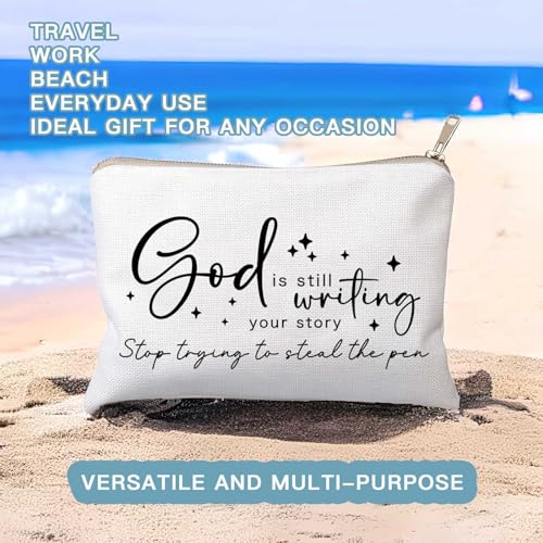 God is Still Writing Your Story Travel Bag Funny Christian Women of the Bible Makeup Bag Bible Quote Christian Quotes Scripture Makeup Pouch Linen Cotton Bag - color: God is writing