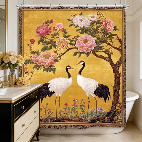Vintage Peony Flower Crane Shower Curtain 60Wx72L Inch Chinese Asian Retro Botanical Plant Blossom Bathroom Set Accessories Decor with 12 Pack Hooks - color: Vintage Peony, size: 60"W x 72"L (Pack of 1)