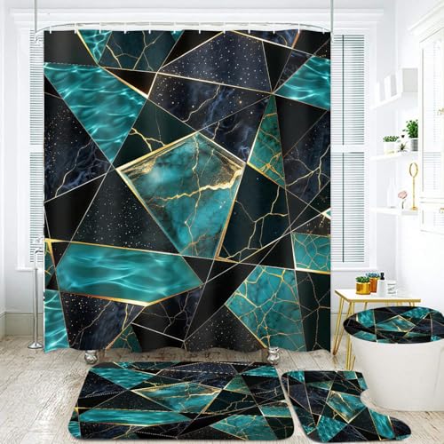 LQCOOL Teal Marble Geometric Shower Curtain Set Bathroom Sets Modern Shower Curtain Set for Bathroom Sets with Rugs and 12 Hooks - color: Teal