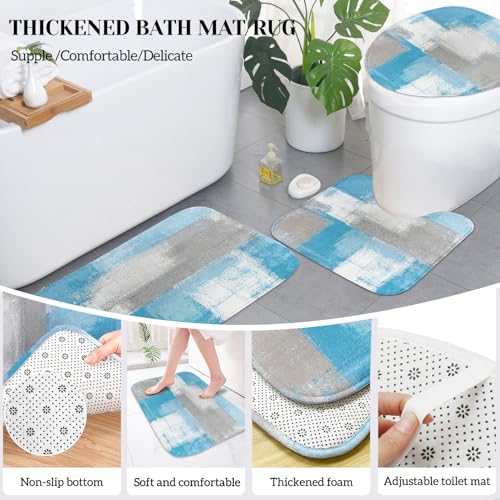 Lnond Blue Bathroom Set, 23-Piece Blue Grey Abstract Bathroom Decor Set with with Shower Curtain and Rugs, Trash Can, Toilet Brush Holder Set & Soap Dispenser - style: Blue Abstract