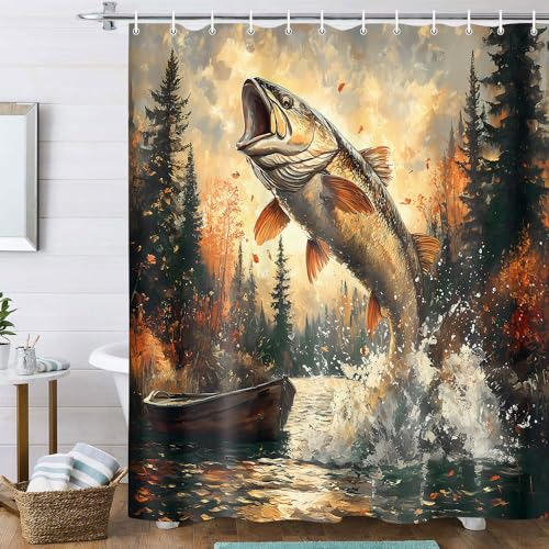 Rustic Cabin Shower Curtain, Farmhouse Country Lodge Fish Lake Fishing Decor Bath Curtains, Funny RV Hunting Camp Forest Nature Art Fabric Bath Curtain Decor with Hooks 36x72 Inches with Hooks - color: Bear, size: 36"W x 72"L (Pack of 1)