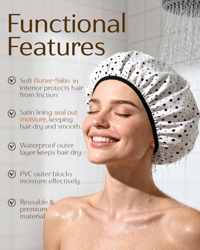 Yanibest Shower Cap for Women - Frizz Free Satin Lined Shower Cap Waterproof Large Double Layer Reusable with Soft Elastic Band for Braids Long Hair - color: White