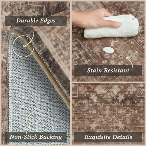 JTJ 3-Piece Kitchen Rug Set with Runner, Washable Non-Slip Farmhouse Kitchen Mats for Sink, Floor, Entryway, Hallway & Laundry Room, Low Pile Distressed Vintage Floor Rugs, Brown - color: Brown