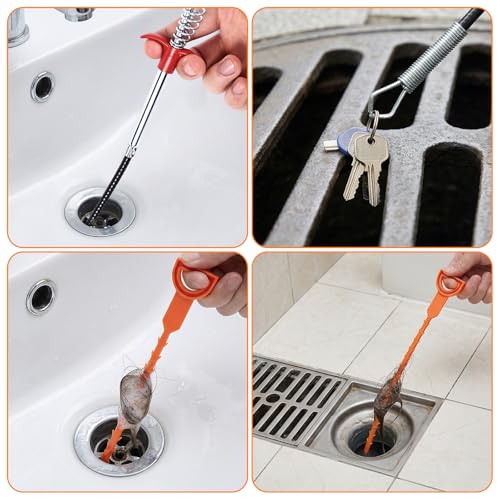 Hair Drain Clog Remover 7-Piece Set | 6x25” Plastic Sink Snake + 1x35” Stainless Steel Plumbing Snake | Drain Cleaner for Shower, Tub, Kitchen Sink & Toilet (35inch, Black+Orange) - color: Black+Orange, style: 35inch