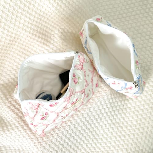 Sminra Makeup Bag Large Travel Quilted Cosmetic Makeup Bag Organizer, Floral Cotton Coquette Aesthetic Toiletry Bag for Women Girls (Pink Bow Flowers) - color: Pink Bow Flowers