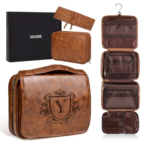 Personalized 3-in-1 Hanging Toiletry Bag Fathers Day Birthday Gifts for Men Dad Husband, Custom Initial Large Waterproof PU Leather Dopp Kit Shaving Bag Travel Essential for Him Light Brown Y - color: Light Brown, style: Y